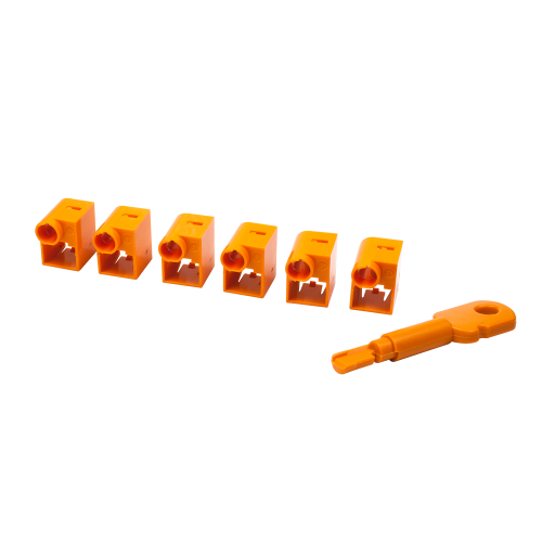 RJ-45 Plug Lock Kit (6 pieces) with a key, orange