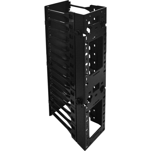 Vertical organizer for adjustable racks with plastic fingers and a cover