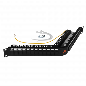 19" modular angled patch panel with shutters, shielded, 24 port, 1U