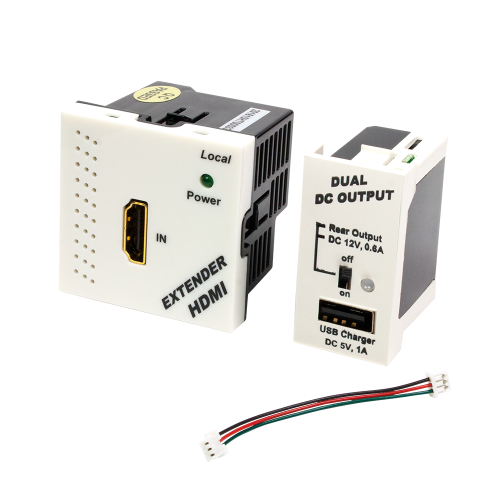 RJ45-HDMI converter, set of a transceiver and a power supply, Mosaic type, 45x45mm and 22.5x45mm, white