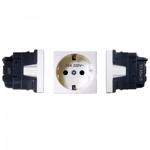 Electrical socket, 45x45 Mosaic typesize, Schuko, 2K+3, with shutters, white, assembled